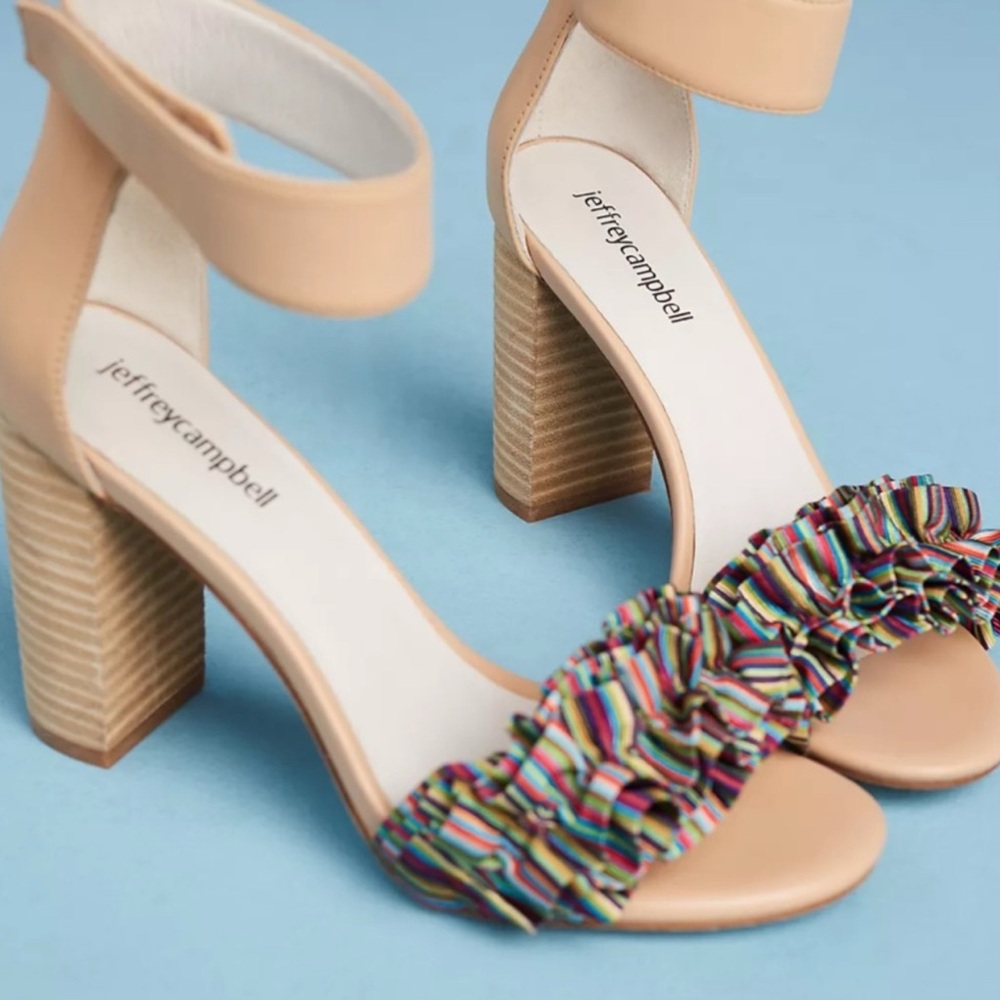 Jeffrey Campbell Nude Tan Block Heel Sandals with Multicolor Ruffle
